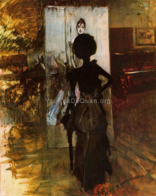Woman in Black Looking at the Portrait of Signora Emiliana Concha de ossa - 乔瓦尼·波尔蒂尼